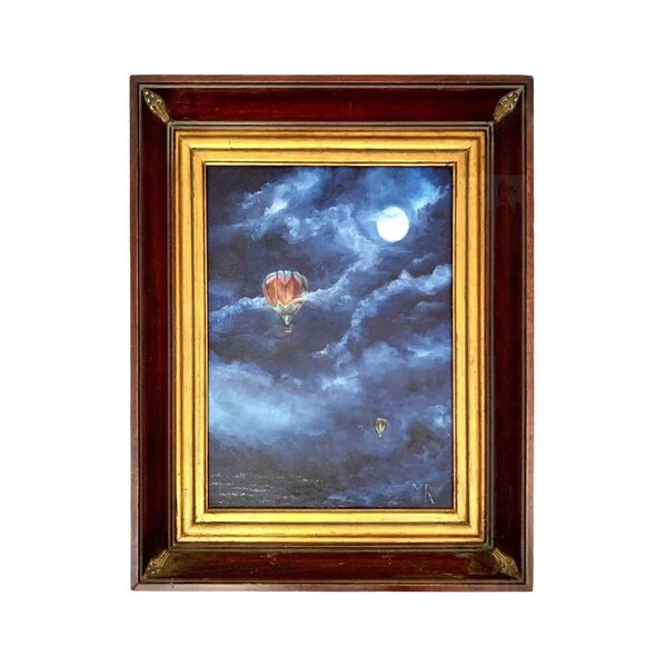 Painting Dreamy Night Hot Air Balloons Signed Framed Vintage Art Decor
